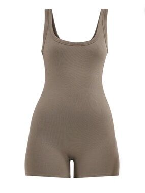 No Boundaries Ribbed Tank Romper - Taupe